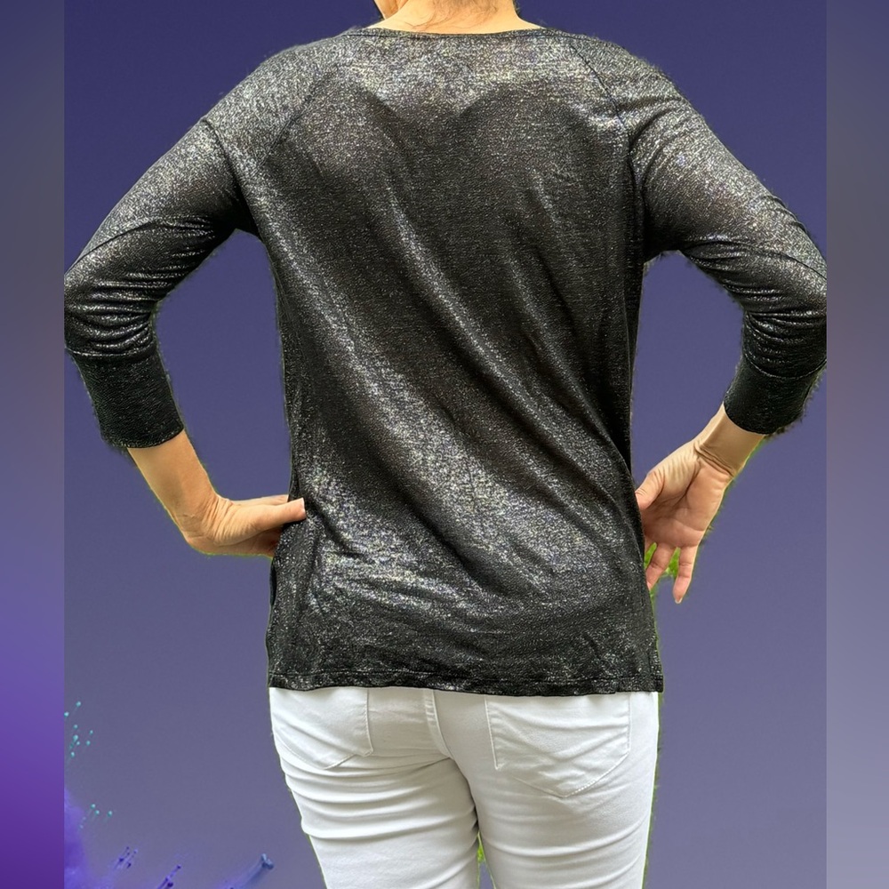 Joie Cyndi Top Blouse Shirt Metallic in 100% Linen Black Silver Sz.XS - Picture 5 of 8